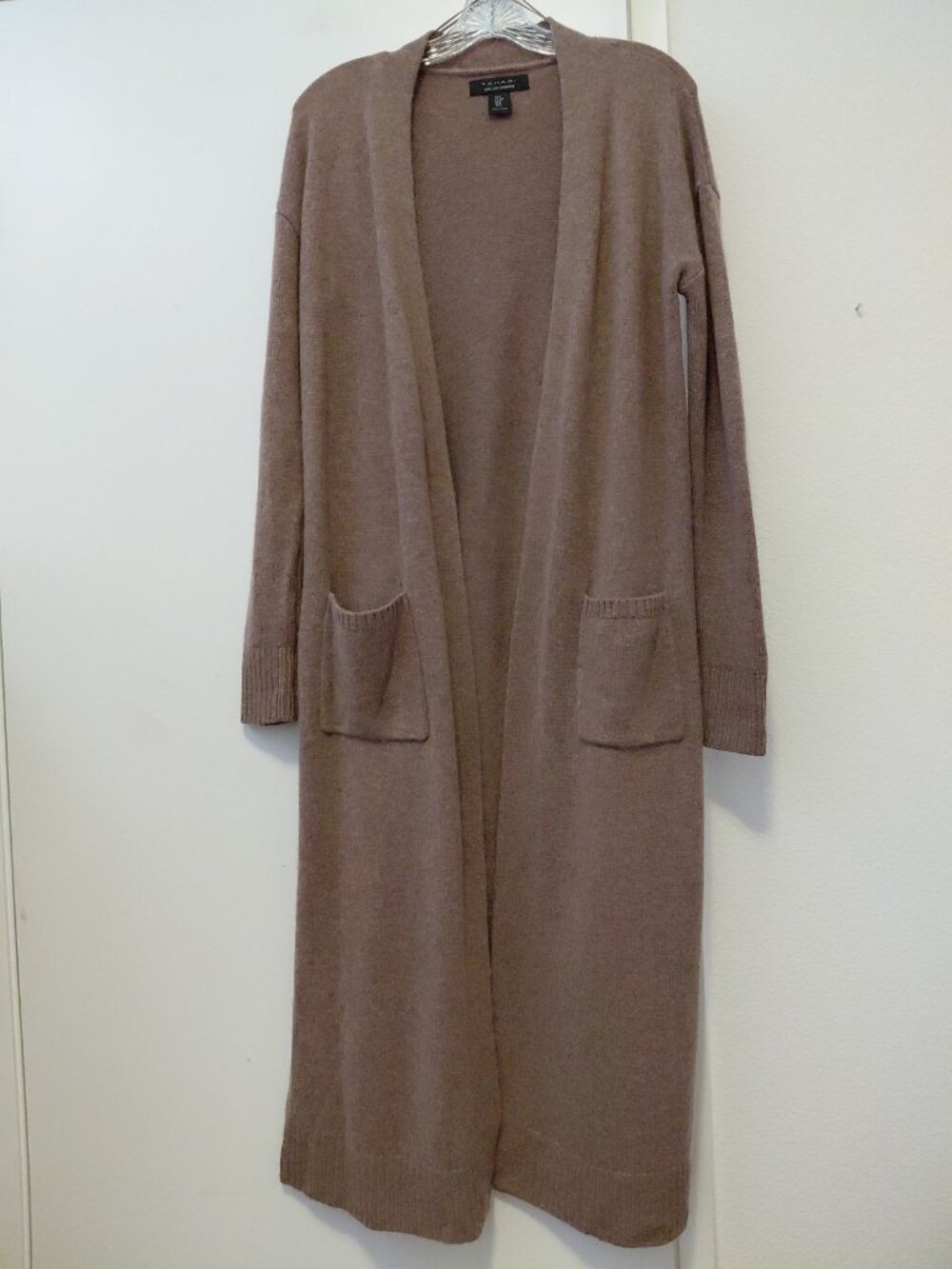 Tahari 100% 2 Ply Cashmere Brown Duster Cardigan 2 Pockets Medium